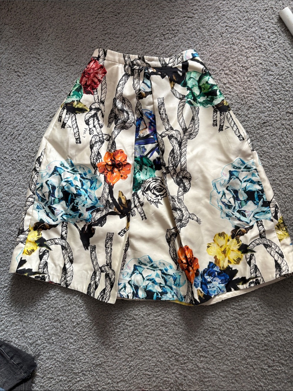 Tibi Cream Floral Rope-Print Wide Skirt with Multicolor Blooms